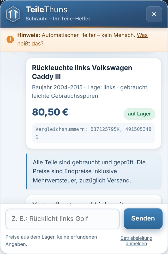Schraubi zeigt eine Rückleuchte mit Preis, Zustand und Lagerstand